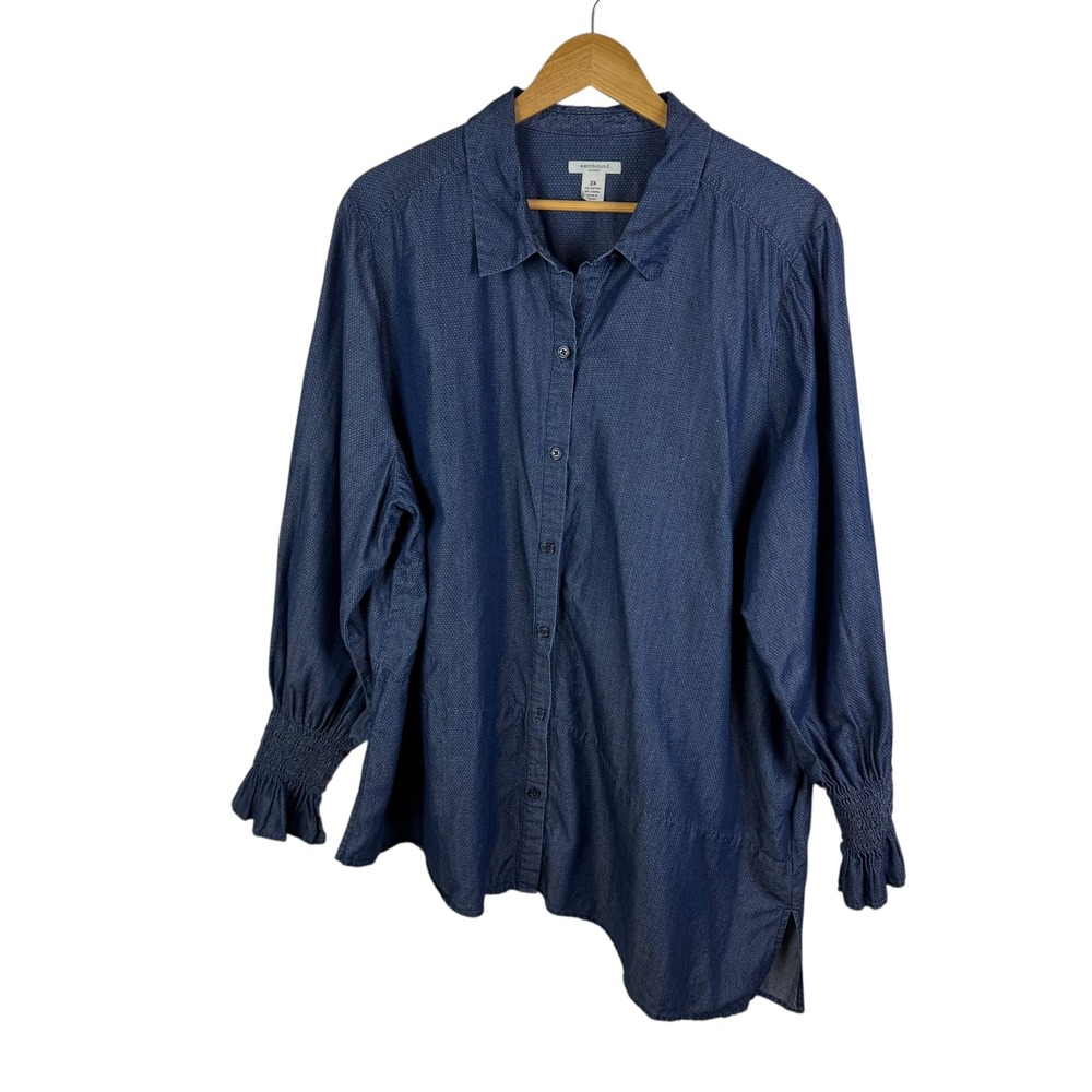 Westbound Woman Blue Chambray Button Down Shirt Size 2X Asymmetrical Hem Office‎
